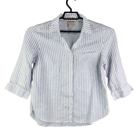 Womens Chicos Striped Shirt Blouse Button Up 100% Linen 3/4 Sleeve Size 1 (S) - Picture 1 of 11